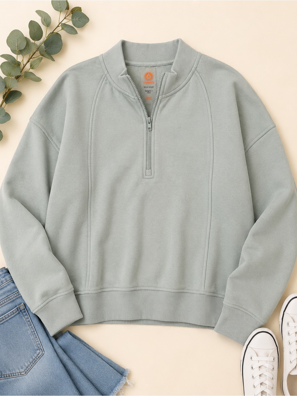 Mono B 3XL Sage Green Oversized Quarter Zip Pullover Sweatshirt